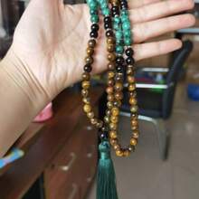 Set de 108 piezas de collar y pulsera, cuentas de piedra de ojo de tigre natural con colgante de borla, se puede usar como pulsera