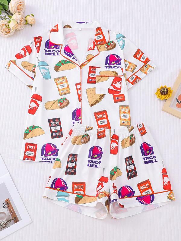 2pcs Women Cartoon Full Print Pajama Set, Short Sleeve Top With Pocket & Collar, Shorts, Comfortable Casual Homewear, Suitable For All Seasons