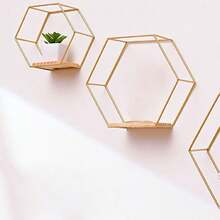 1pc (With Hooks) Wrought Iron Wall Mounted Storage Rack, Home Decor Wall Hanging Display Shelf, No Drill Assembly, Wall Organizer For Rooms, Figurines, Plants, Knick-Knacks, Clutter - Gold - View 5