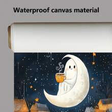 1 Piece,Halloween Ghost Drinking Hot Cocoa Around The Stars, Modern Frameless Art Decoration Painting, Printed Posters Mural, Waterproof Canvas,Suitable For Home, Office, Bedroom, Living Room, Study, Bathroom, Bar, Wall Arts And Home Decoration, Is An Ideal Holiday Gift Halloween Decor Fall Decor Room Decor