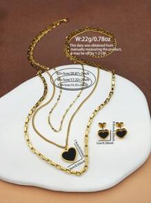Ensemble de collier de pendentif à cœur noir superposé à multiples couches en acier inoxydable plaqué or 18k pour femmes, avec boucles d'oreilles, idéal pour l'anniversaire, la fête des mères, la Saint-Valentin, les rencontres, la fête dansante, les vacances de Bohême et la saison des mariages (3 pièces).