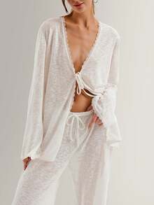 A Set Of Plain-Colored Semi-Transparent Fabric V-Neck Lace Long-Sleeved, Waist-Tied Straight-Leg Pants For Home Pajamas - 白色 - 查看 2
