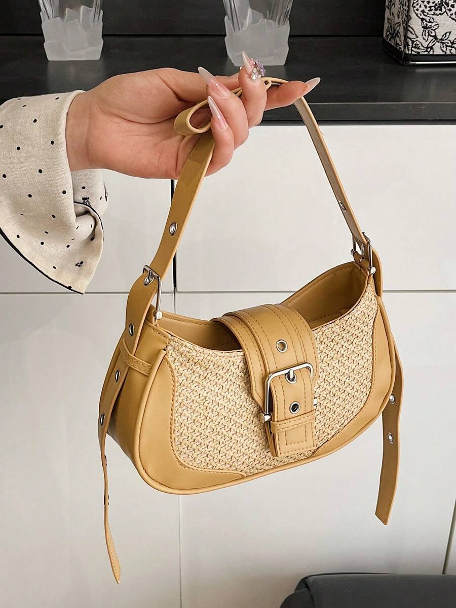 Korean INS Niche Woven Shoulder Bag For Women, New Summer Fashion Chic Messenger Crossbody Tote Crescent Moon Bag