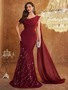 Elisanya 女式低胸无袖连衣裙，配长喇叭领带，褶皱胸围，纯色，修身裙摆，饰有奢华水钻，优雅晚礼服（水钻和方向随机），露背系带设计和小鱼尾下摆 - 酒紅色 - 查看 4