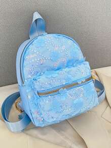 Fashionable Kids Casual Backpack With Small Flowers And Sequins