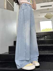 Tween 女童休闲做旧珍珠缀饰阔腿牛仔裤 - 藍色 - 查看 8