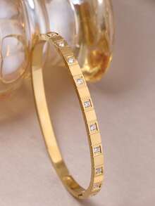 3 Peças/Conjunto Bracelete de Aço Inoxidável Banhado a Ouro 18K, Pedra de Zircônia Cúbica Curva Brilhante da Moda, Adequado para Uso Diário de Mulheres, Estilo Popular Europeu e Americano, Casual, Festa, Férias, Aniversário, Casamento, Namorada, Joia de Presente do Dia dos Namorados - Ouro amarelo - Visão 8