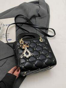 高端菱形图案优雅女士手提包，韩版休闲时尚单肩斜挎包，珍珠蝴蝶结装饰的独特小包，适合购物、钱包、逛街、年轻女性、大学生、新婚夫妇、办公室女士。非常适合办公室、大学、工作、商务、通勤、户外活动、旅行和短途旅行，情人节礼物 - 黑色 - 查看 5