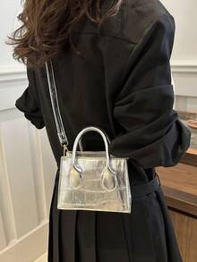 Vintage Style Solid Color Check Embossed Mini Handbag - Bright silver - View 3