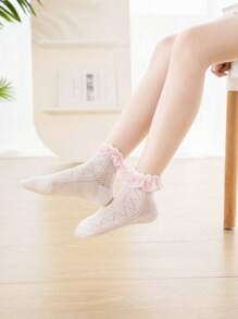 3 pares de calcetines hasta la pantorrilla con volantes de encaje y lazo para niños, calcetines escolares transpirables y absorbentes de humedad, para primavera/otoño
