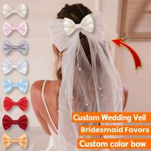Custom Eternal Elegant Bridal Headpiece With Bow And Veil, Pearl Bow Hair Clip Tulle Veil Headband, Multiple Color Options, White Sheer Clip-On Wedding Accessories Suitable For Brides, Bridesmaids, Graduations And Bridal Parties