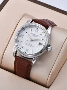 LONGLUX 1pc Men's Waterproof Self-Winding Mechanical Watch With Luminous Dial, Business Leather Band