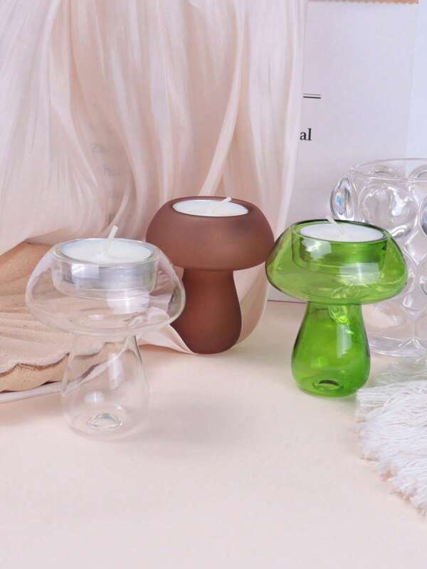 1pc Glass Mushroom Shaped Candle Holder, Green, Transparent, Coffee Color, Mushroom Style Candle Holder, Restaurant Decor (Candle Not Included)