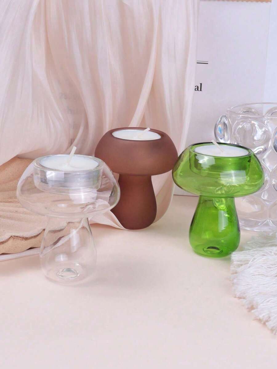 1pc Glass Mushroom Shaped Candle Holder, Green, Transparent, Coffee Color, Mushroom Style Candle Holder, Restaurant Decor (Candle Not Included)