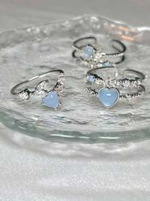 3pcs Fashion Jewelry Luxurious Multilayer Rhinestone Heart & Flower Stackable Open Ring, Suitable For Women's Daily Wear