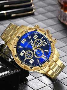 热门钢制商务腕表，大表盘，三重显示，蓝色玻璃，圆形表盘。青少年男孩的理想礼物 - 彩色 - 查看 13