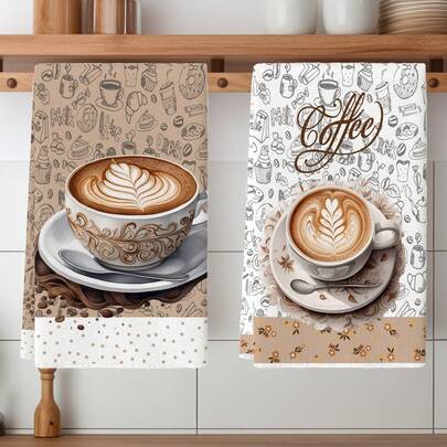 2pcs Coffee Themed Super Soft Microfiber Kitchen Towels - Modern Style, Quick Drying, Absorbent, Ideal For Coffee Lovers, Also Suitable For Kitchen Or Cafe Decor, Coffee Shop Decor Towels | Modern Kitchen Decor | Quick Dry Towels, Coffee Bar Accessories