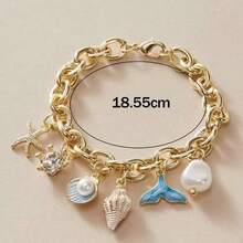 1 件夏季海滩休闲风格时尚度假蓝尾贝壳海星珍珠吊坠手链，适合日常使用、旅行、度假、派对、佩戴、海滩、海洋多元素吊坠，夏季穿着必备手链。 - 彩色 - 查看 11