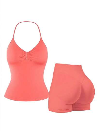 2pcs Impact Halter Top & Shorts Women Impact Longline Halter Tops Workout Longline Tank Top Compression Gym Fitness