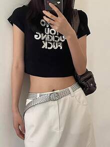 1pc Shiny Bohemian Sexy Cute PU Leather Braided Elastic Waist Belt, Versatile For Women, All Season Fall, Autumn, Halloween - Silver - View 2