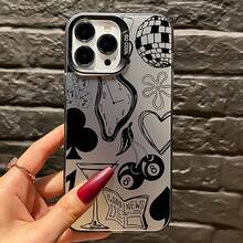 Funda a prueba de golpes de TPU de cobertura total para Apple  6/7/8/X/Xs/Xr/Xs Max/11/12/13/14/15/16 Pro Max con reloj negro dinámico y patrón de rompecabezas de cerezo en flor - Colores mixtos - Ver 3