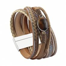 1pc Wide Faux Leather Gold Color With Random Zirconia Inlaid Bracelet, Everyday Wear, Gift For Girlfriend - Leather Bracelet - View 16