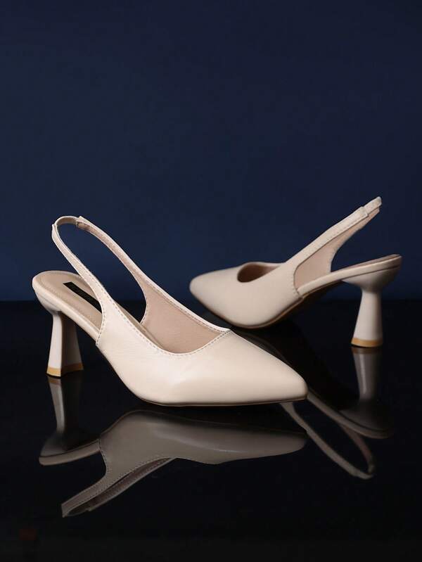 1 Pair Beige Pointed Toe High Heel Sandals For Teens, Solid Color PU Patchwork Material, Elastic Ankle Strap, Stiletto Heel, Luxury Fashion Sandals Suitable For Daily, Travel, Party, Work Wear, Summer New Arrival