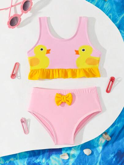2pcs/Set Baby Girl Cute Yellow Duck Pattern Swimsuit