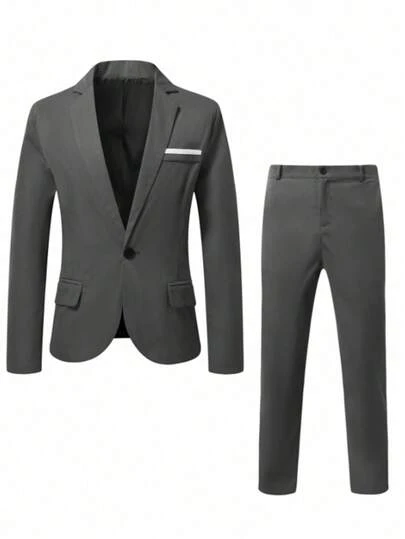 男士休闲纯色西装套装，包括夹克和裤子