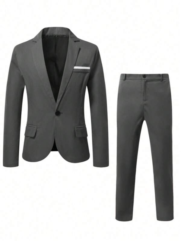 Men's Casual Solid Color Suit Set, Including Jacket And Pants