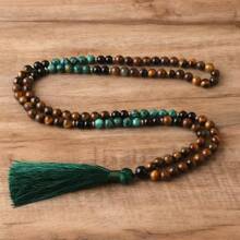 Set de 108 piezas de collar y pulsera, cuentas de piedra de ojo de tigre natural con colgante de borla, se puede usar como pulsera