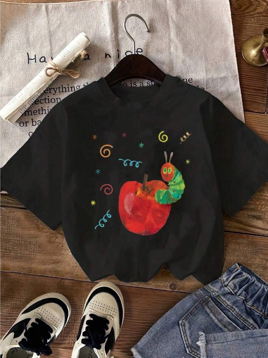 Men'S Casual Crew Neck T-Shirt With Vibrant Apple &Amp; Caterpillar Design - Black Cotton, Short Sleeve, All-Season Wear, Casual Attire|Playful Graphic Tee|Knit Construction - màu đen - Xem 1