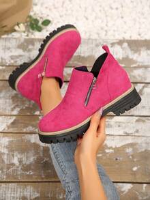 Women's Ankle Boots And Ankle Boots, Female Shoes Winter Boots, New Footwear Ankle Boots Women's Shoes, Flat Heel Boots With Zip - Hot Pink - View 4