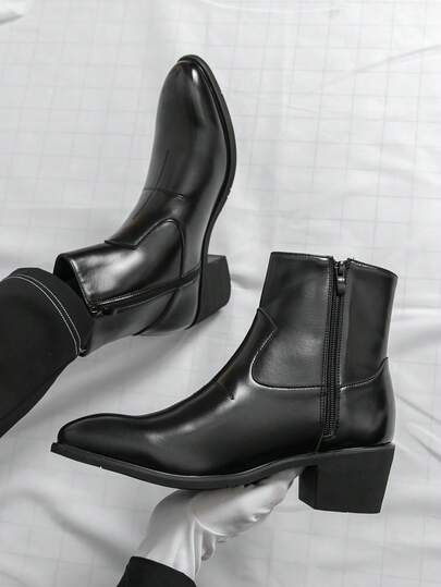 男士正装高帮皮靴，时尚尖头踝靴，适合商务场合