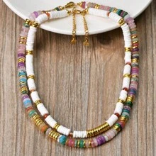 Colar de concha natural simples estilo boho com contas de ágata vermelha + colar de contas de pedra natural de alta qualidade com dopamina multicolorida, colar feminino de estilo doce e moderno, gargantilha que não desbota