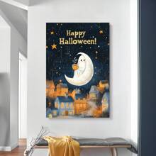 1 Piece,Halloween Ghost Drinking Hot Cocoa Around The Stars, Modern Frameless Art Decoration Painting, Printed Posters Mural, Waterproof Canvas,Suitable For Home, Office, Bedroom, Living Room, Study, Bathroom, Bar, Wall Arts And Home Decoration, Is An Ideal Holiday Gift Halloween Decor Fall Decor Room Decor