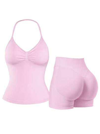 2pcs Impact Halter Top & Shorts Women Impact Longline Halter Tops Workout Longline Tank Top Compression Gym Fitness