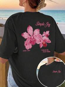 PLAYERA DE DAMA CON ESTAMPADO DE AZUCENA SIMPLE JOY TRASERA PARA GYM O CASUAL - Negro - Ver 5