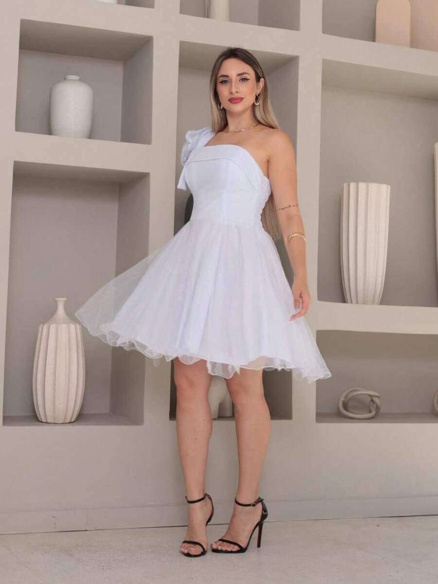 Short Luxury Party Dress With Glitter And One Shoulder Bow - trắng - Xem 1