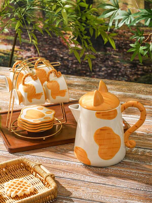 1 pieza Juego de té de cerámica con diseño de gato lindo, que incluye tetera, tazas y platillos, ideal para el té de la tarde, el café o como regalo
