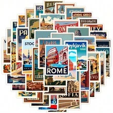 50 件欧洲旅行涂鸦贴纸乙烯基美学贴纸剪贴簿、日记、保险杠、滑板、水瓶、卡通、安全帽、汽车贴纸和贴花 - 彩色 - 查看 1