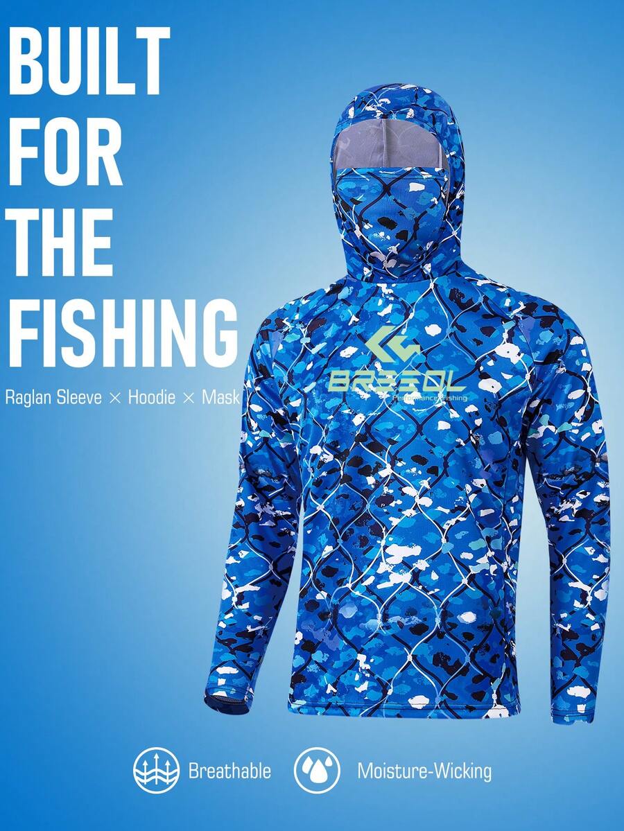 Men's Hooded Face Mask Fishing Shirt, Long Sleeve High-Performance Fishing Shirt, Breathable Quick-Dry, Boyfriend Style, Green Mosaic Design, UV Protection Fishing Apparel - Blue - View 1