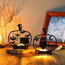 1 pieza Candelabro decorativo con silueta de calabaza de hierro creativa, con adornos de fantasma, arañas, murciélagos y búhos, decoraciones temáticas de Halloween, decoración del hogar, decoración de oficina, mejor regalo de cumpleaños, regalo del Día de San Valentín, regalos para fiestas, Halloween, Acción de Gracias, regalos de Navidad
