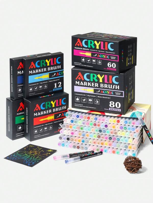 12/24/36/48/60/80/120 Farben direkt flüssige Acrylfarbe Marker Sets, professionelle Zeichnung weiche Pinselspitze Stifte und Marker, Acrylfarb Stifte Graffiti für Holz, Stein, Leinwand, Glas, Stoff, Ei, Felsen Malerei und Bastelkunst Schulbedarf Weihnachtsgeschenk
