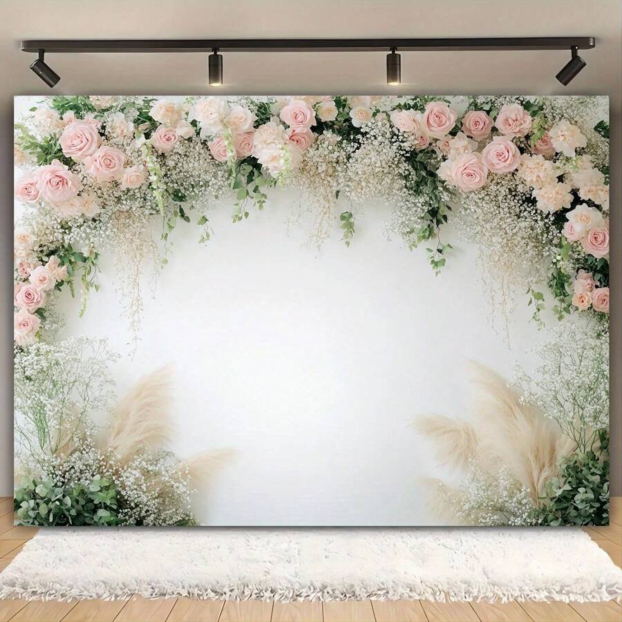 1 pièce Toile de fond photographique florale, bannière en tissu polyester avec des fleurs roses et blanches, sans alimentation électrique - idéal pour les mariages, les baby-showers, les anniversaires, la première communion et les célébrations en général - décor polyvalent pour la table de gâteau et la cabine photo