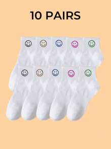 1/5/10 Pairs Women Solid Color Smiling Face Versatile Daily Casual Korean Style Fashionable High Quality Mother's Day Gift Soft & Comfortable Moisture Wicking Crew Socks