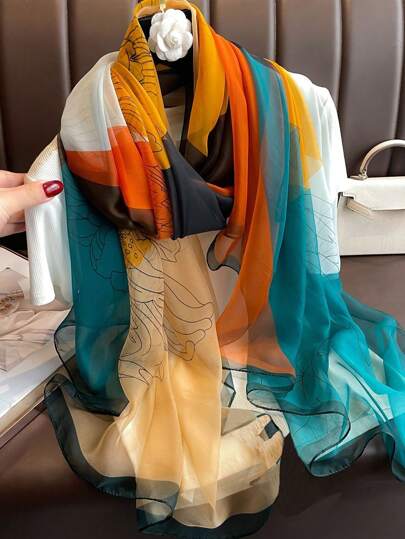 1 pezzo Sciarpa/Scialle in chiffon verde leggero da donna, versatile per primavera e autunno, viaggi, protezione solare, accessorio di moda