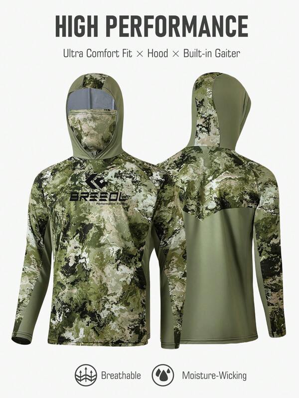 Men's Hooded With Mask Fishing Shirt Long Sleeve High Performance Fishing Shirts Breathable Quick Dry Boyfriend Styles Green Mosaic Design UV Protection Fishing Wear