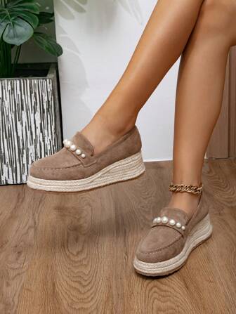 Preppy Style Women's Espadrille Platform Loafers, Light Beige Pearl Decor Slip On Espadrille Shoes