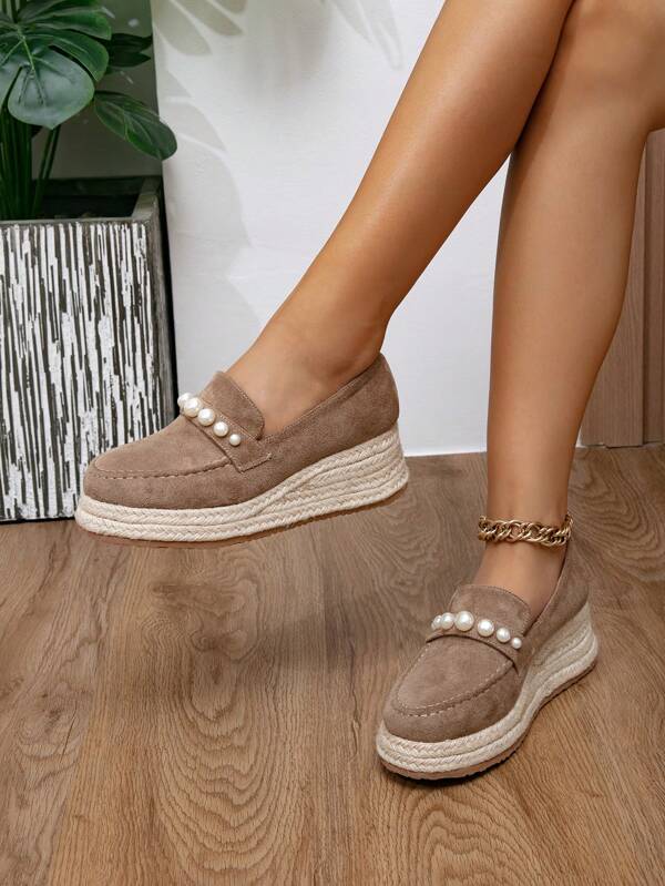 Preppy Style Women's Espadrille Platform Loafers, Light Beige Pearl Decor Slip On Espadrille Shoes